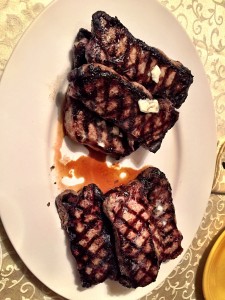 Strip steaks from Organic Butcher of Mclean.  They were awesome steaks and I didn't mess them up on the grill.