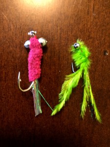 We caught a fish on every fly rob made, but these two produced the best.  Pink Chenille body fly left, Green Snowhite Damsel right.