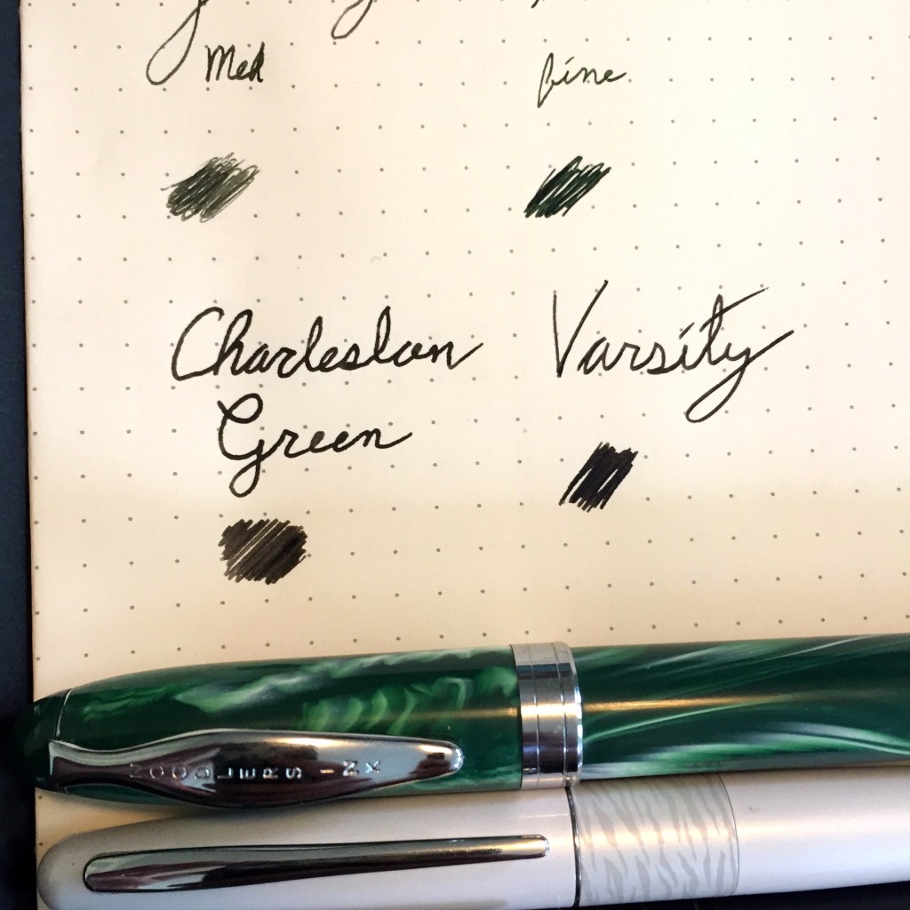 The Varsity is using its non-refillable black ink from an unspecified but about medium nib