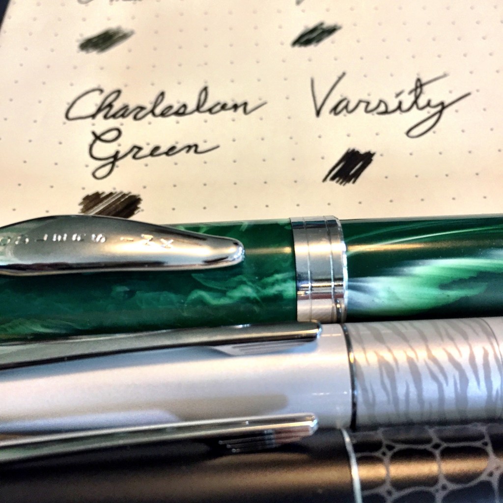 The Zhivago is from a medium nib, the Diamine from a fine, The Charleston Green is from a Noodler's Ahab flex nib.